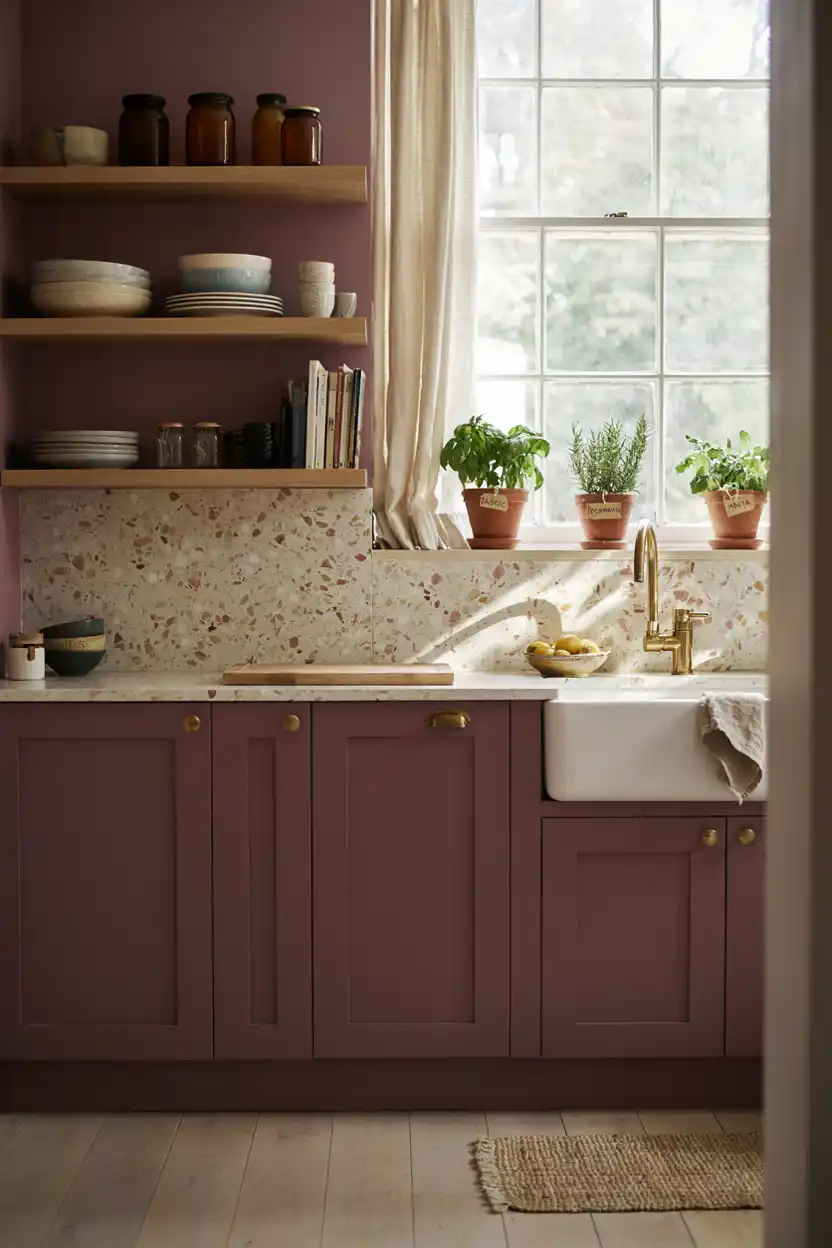 Aubergine Kitchen Paired with a Terrazzo Backsplash