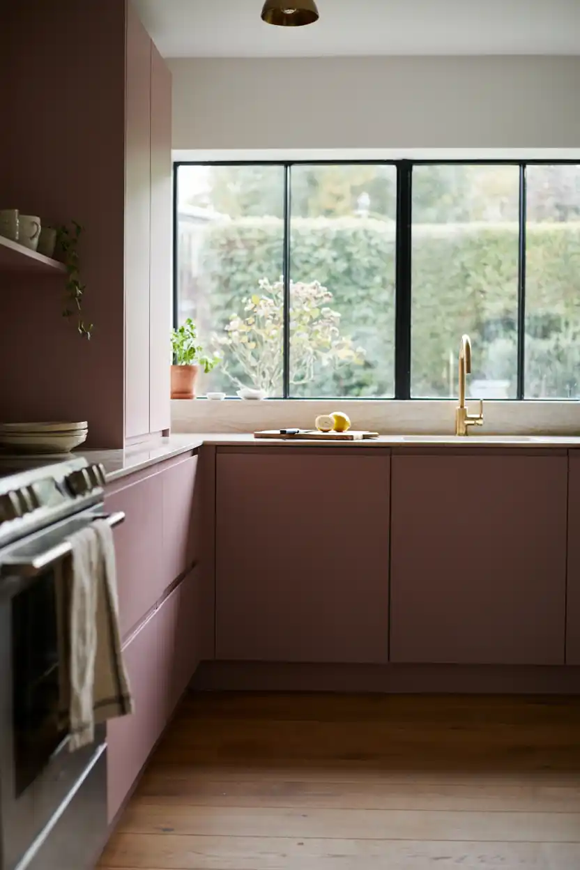 Aubergine Kitchen with Black Steel-Framed Windows