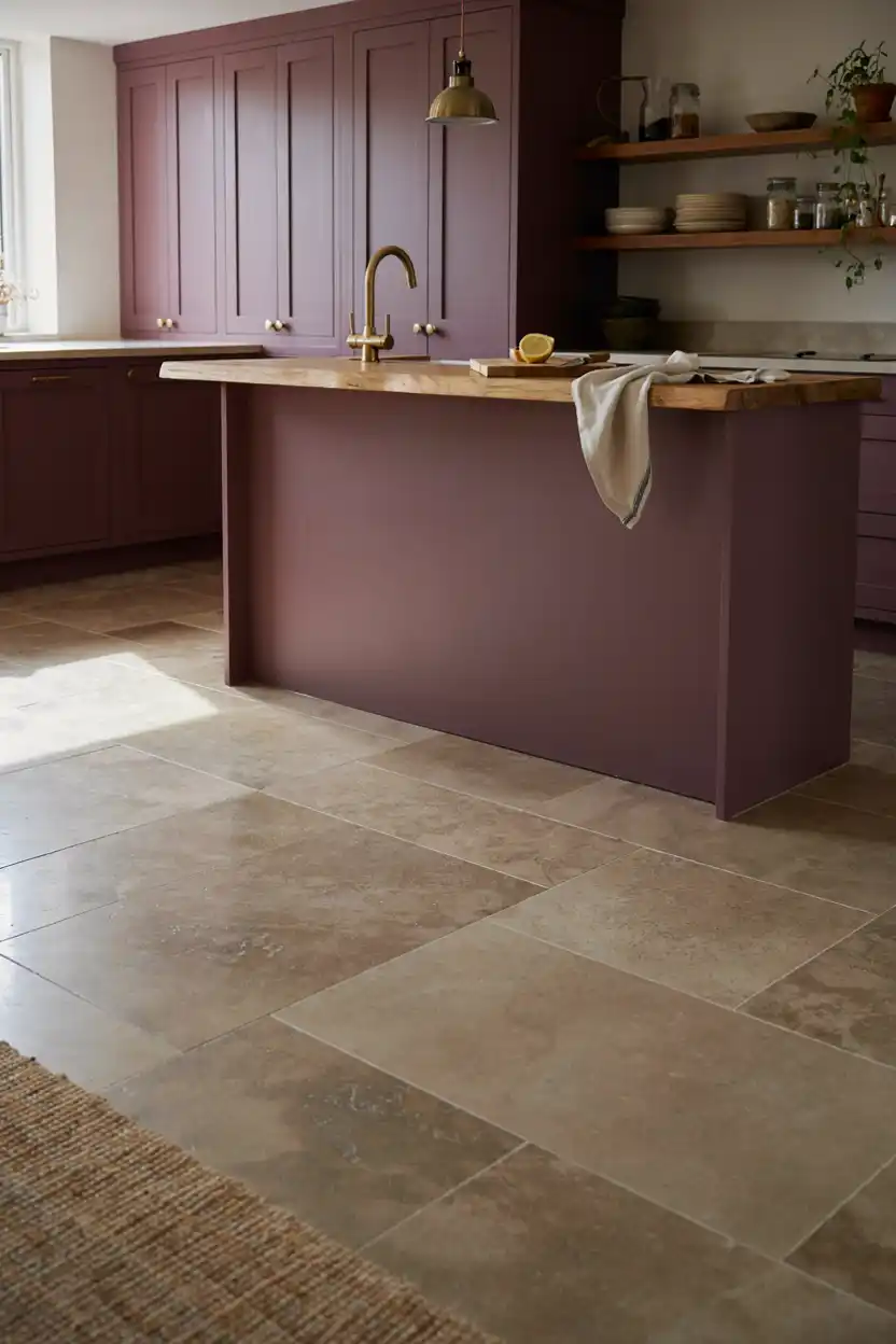 Aubergine Kitchen with Natural Stone Flooring