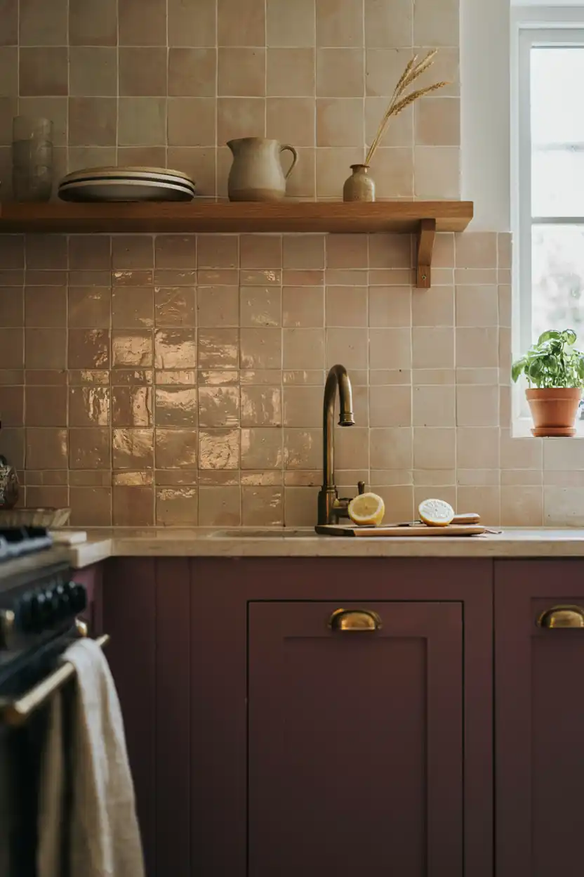 Aubergine Kitchen with Textured Wall Tile