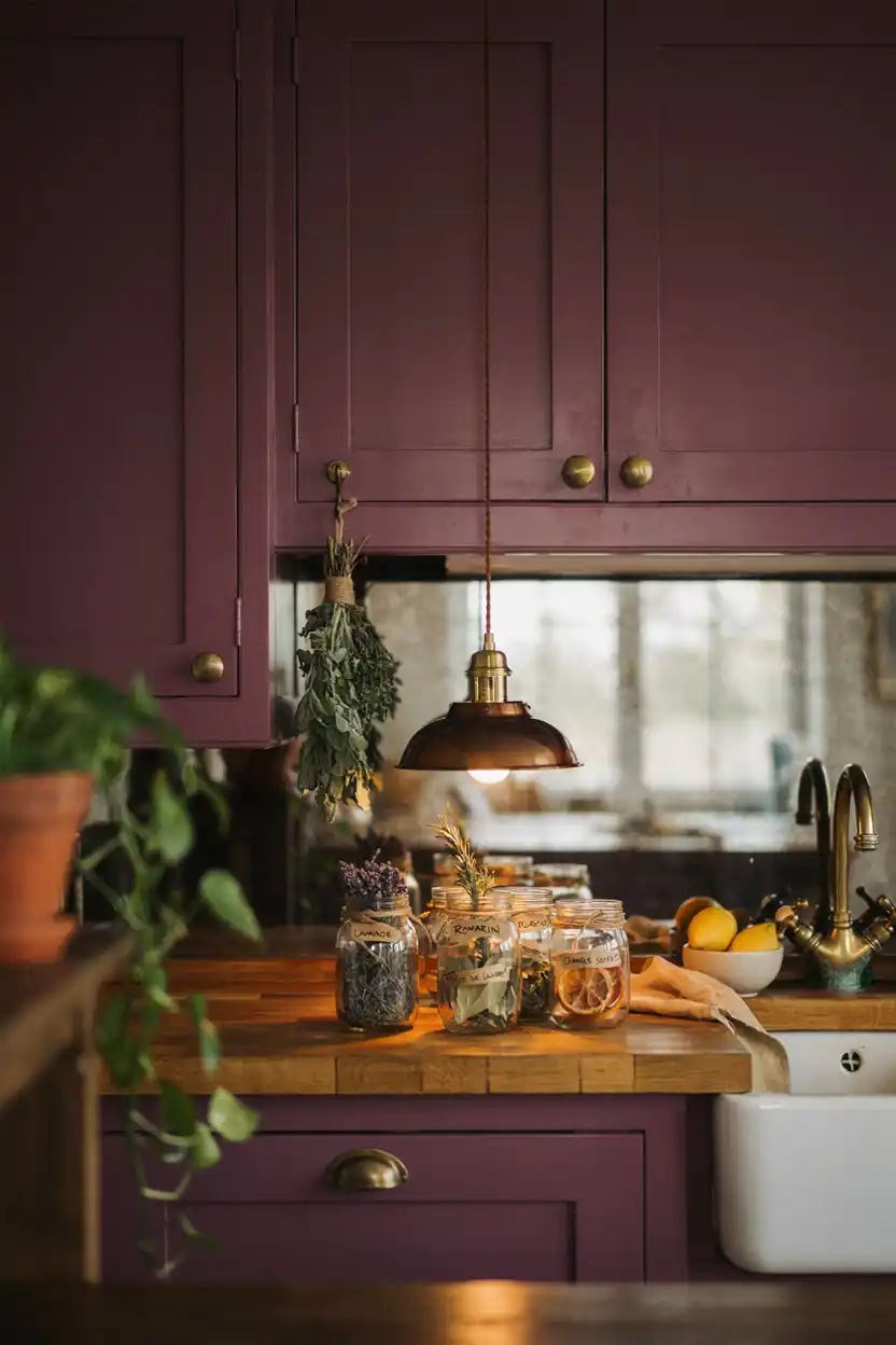 Aubergine Kitchen with Vintage-Inspired Brass Fixtures