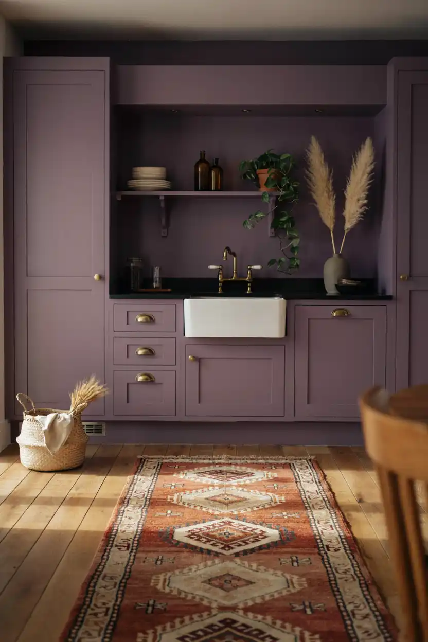 Aubergine Kitchen with a Bold Contrasting Rug or Runner