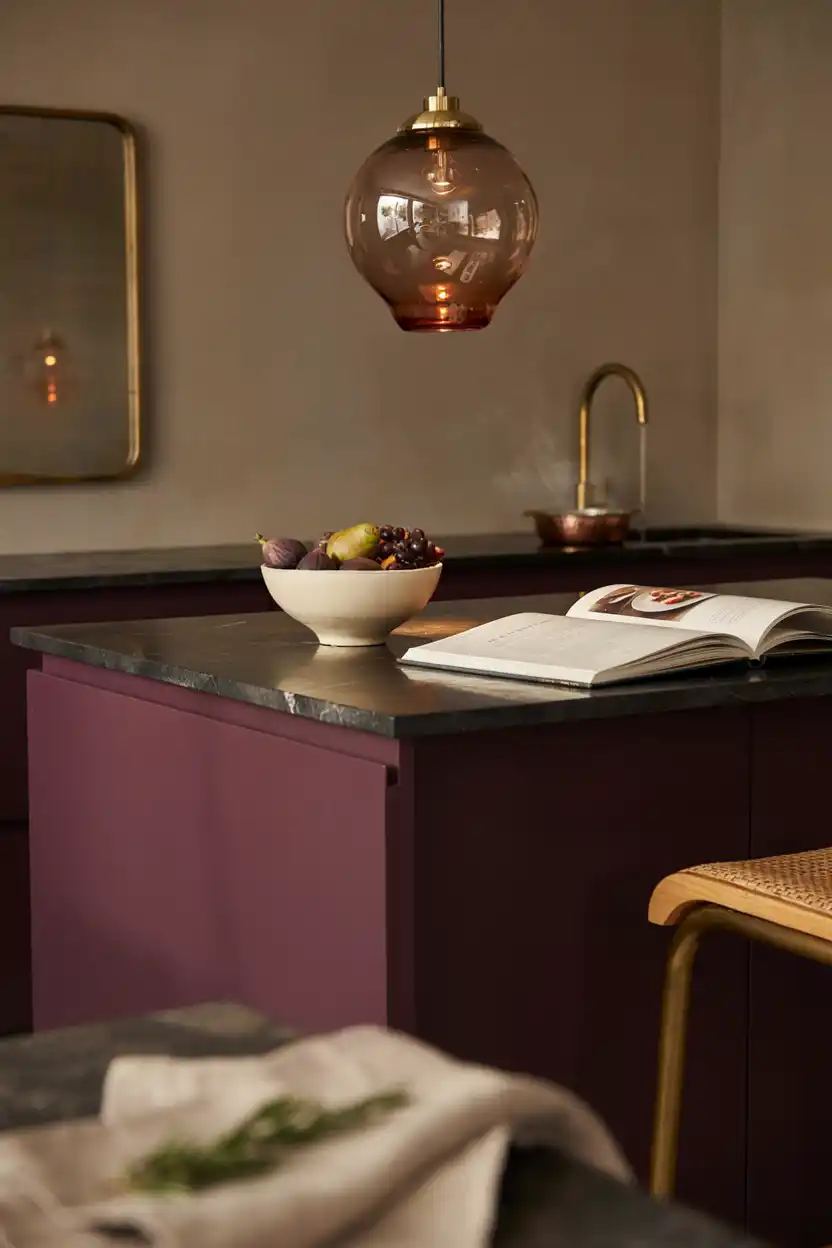 Aubergine Kitchen with a Statement Pendant Light