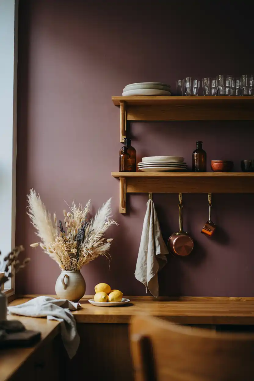 Aubergine Open Shelving with Warm Wood Accents
