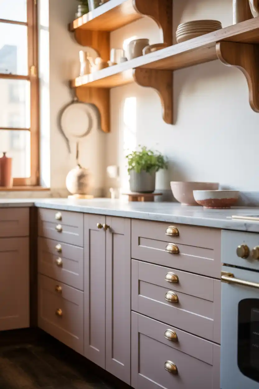 Blush Pink Shaker Cabinetry with Brass Hardware