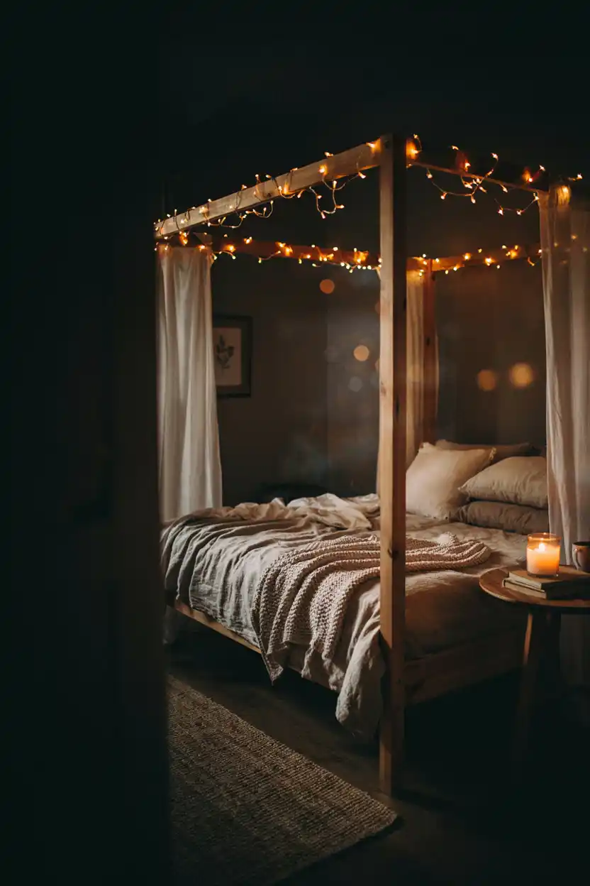Canopy Bed With Warm String Lights