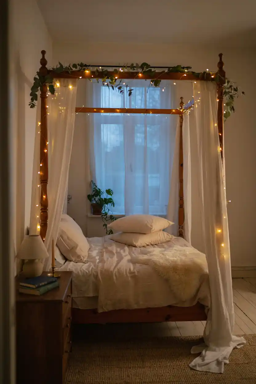Canopy Bed with Draped String Lights and Greenery Combo