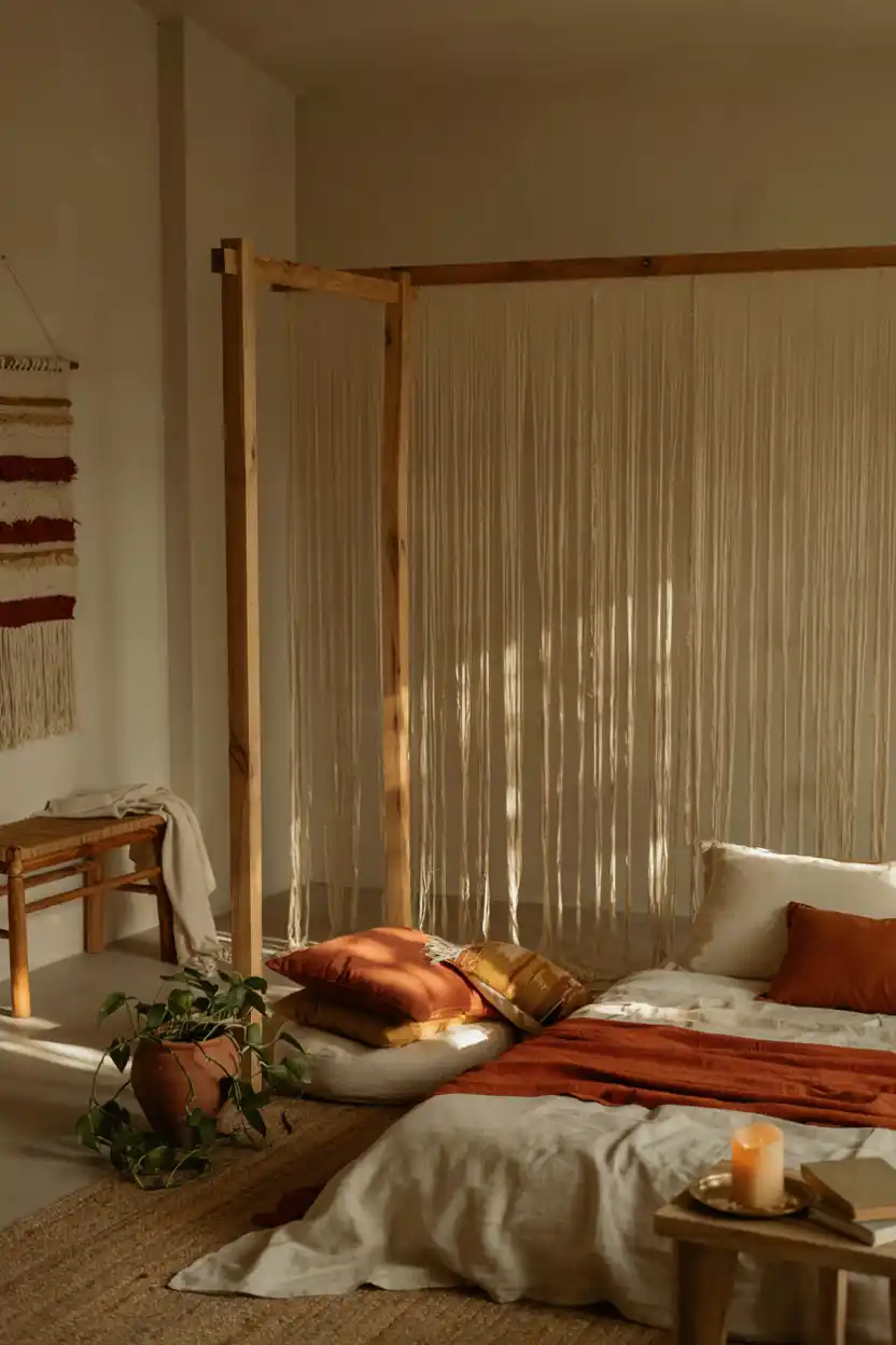 Canopy Bed with String Curtain Panels