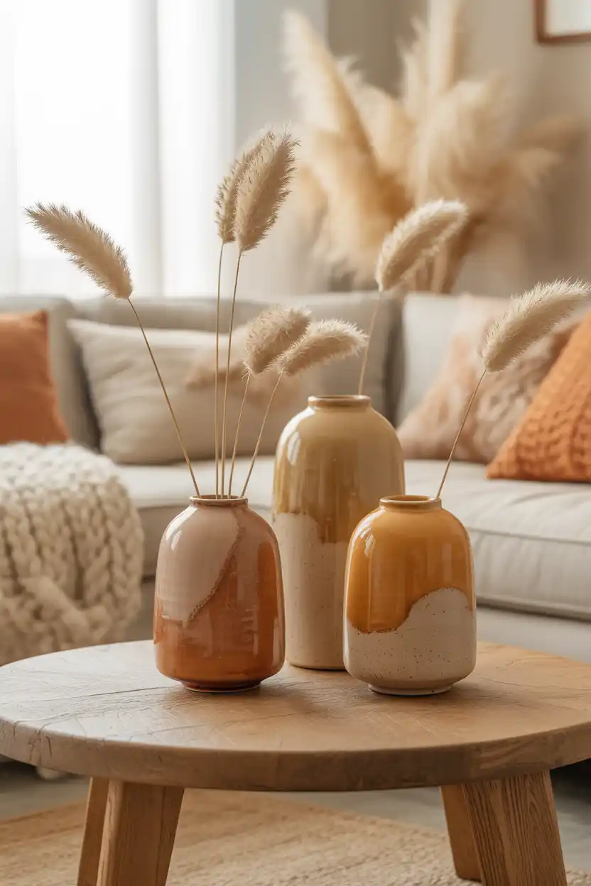Ceramic Vase Cluster with Pampas Grass