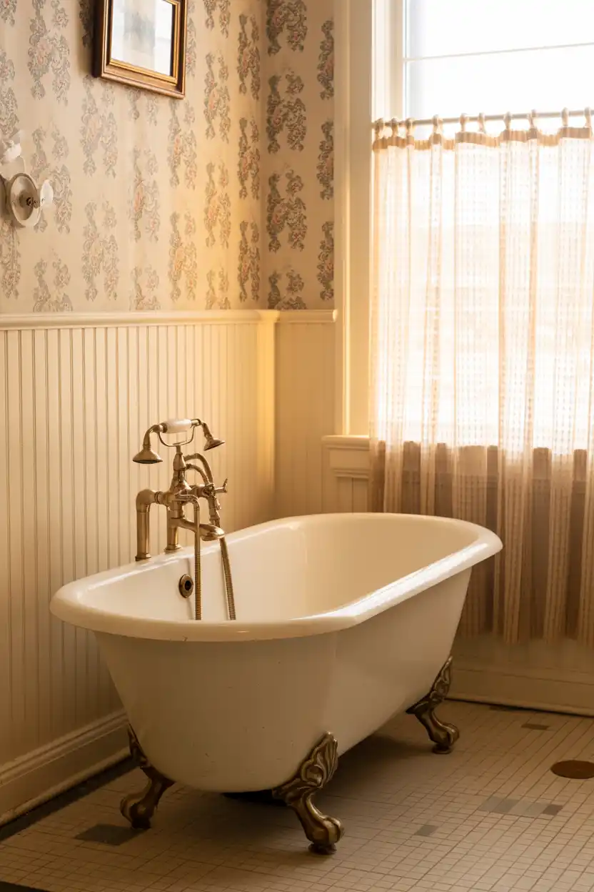 Classic Clawfoot Tub Tucked Into a Cottage-Style Corner