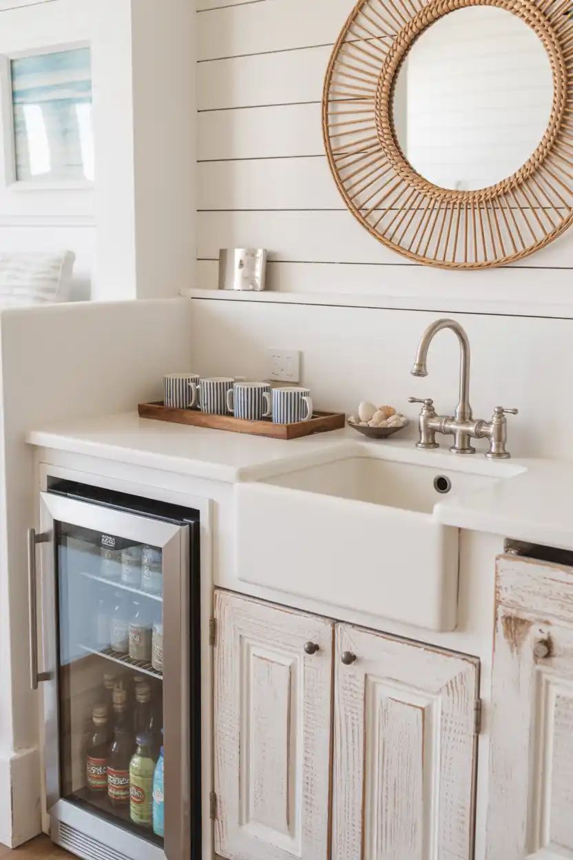 Coastal Coffee Bar With Sink and Fridge in Beach House Kitchen