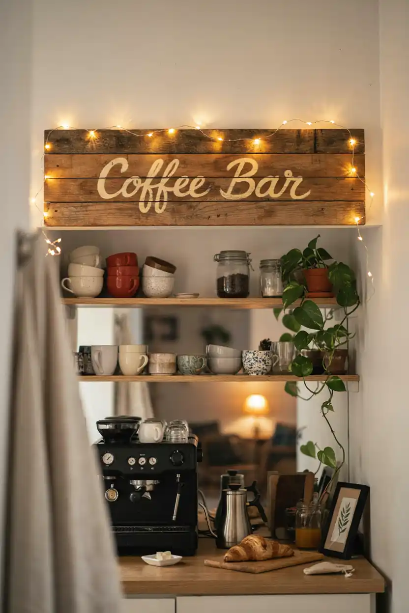 Coffee Bar Sign With String Lights
