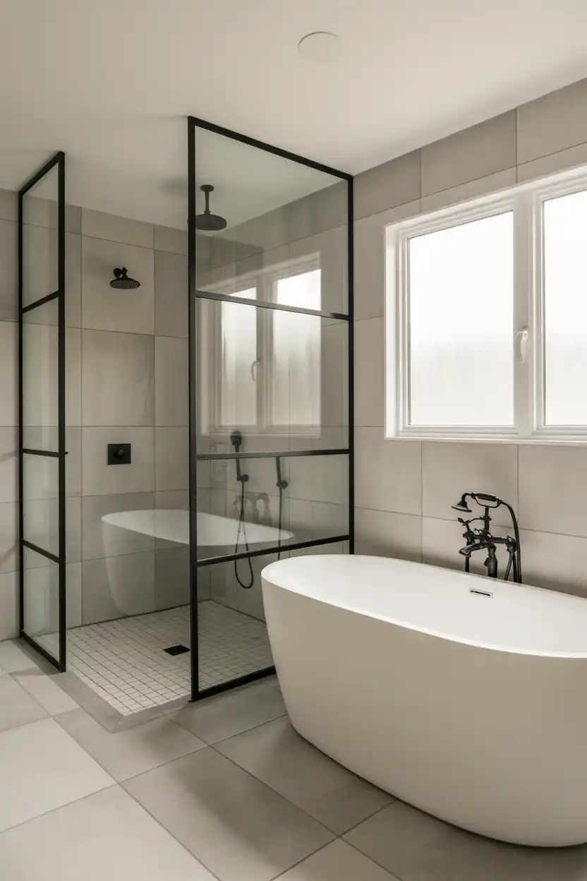 Corner Tub Paired With a Walk-In Shower Divider