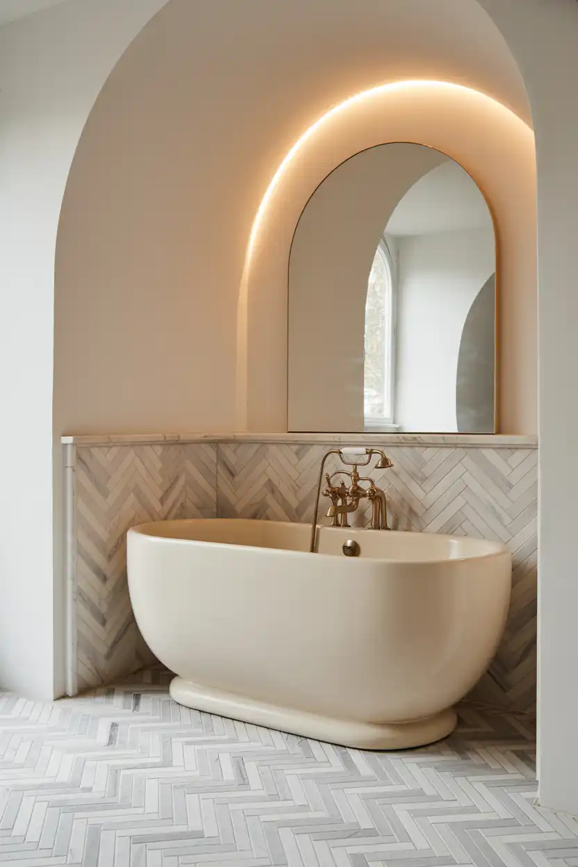 Corner Tub With Herringbone Tile Flooring