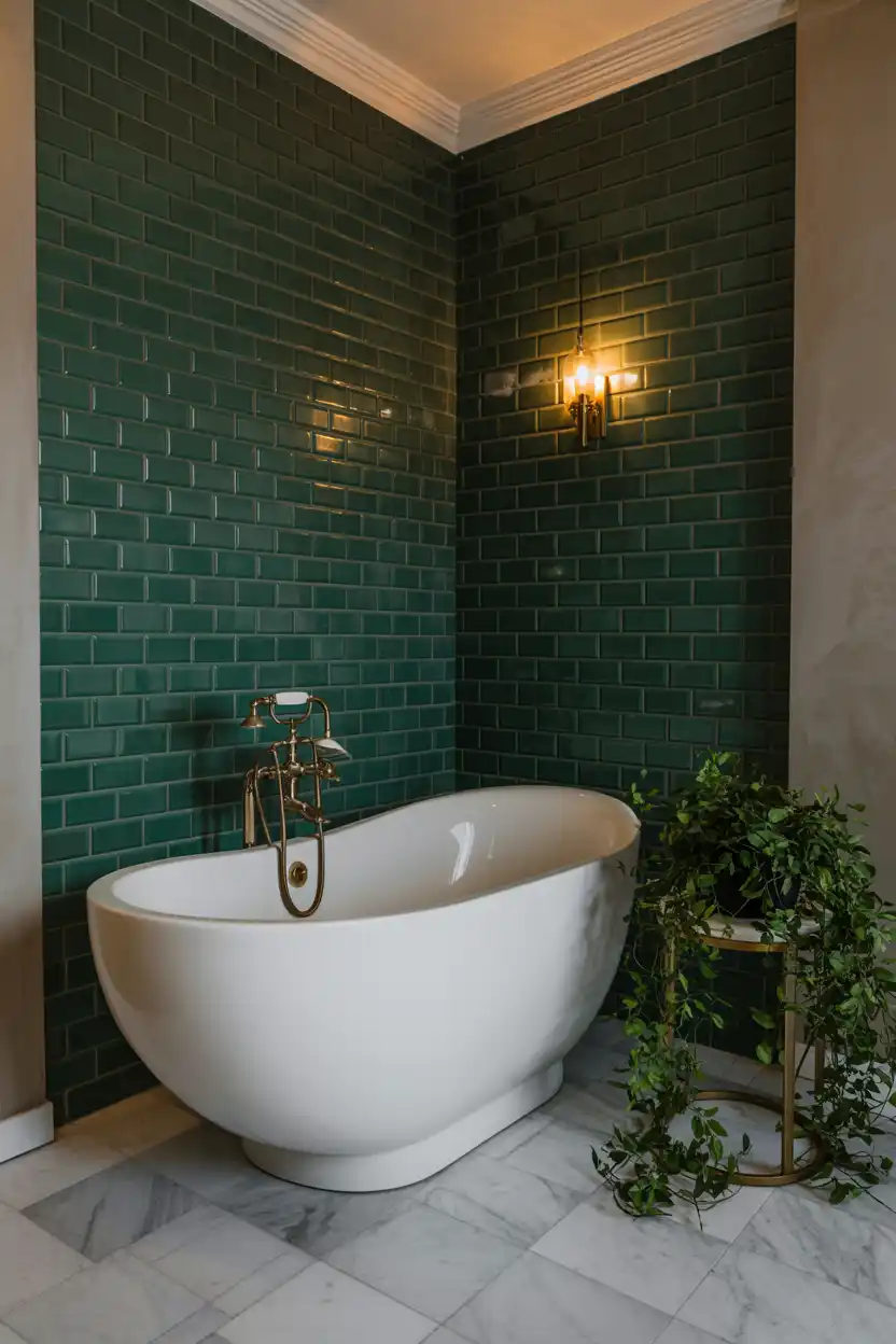 Corner Tub With a Statement Accent Wall