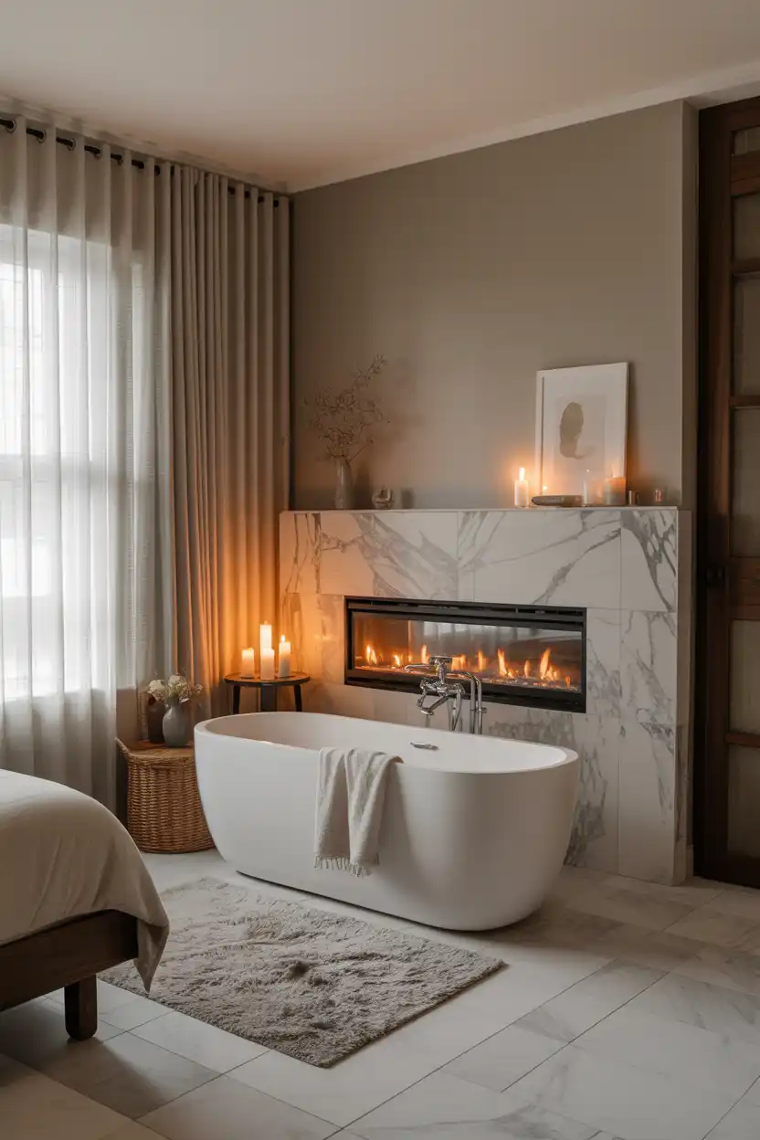 Corner Tub in a Primary Suite With a Fireplace View