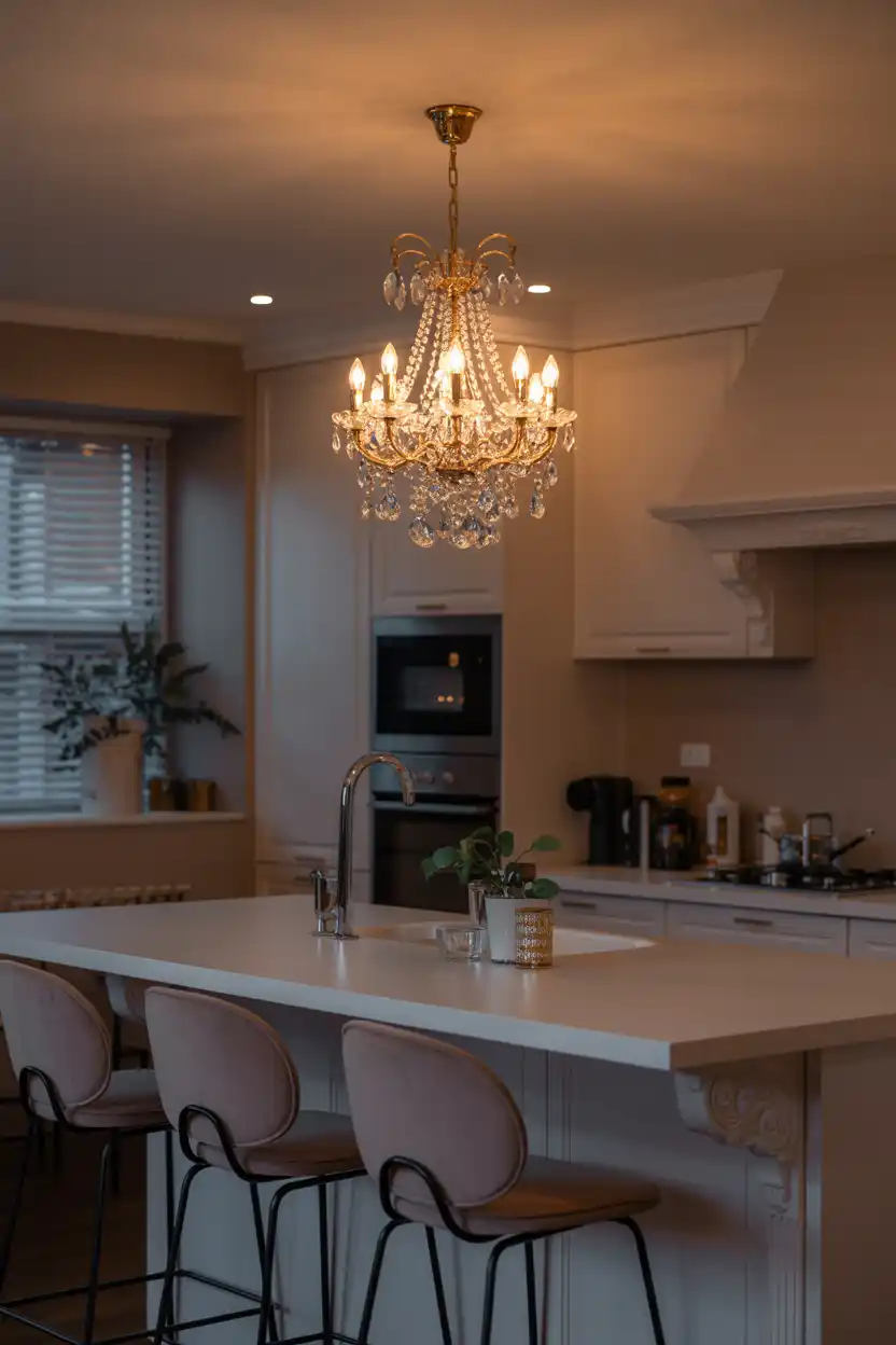 Crystal Chandelier Over the Kitchen Island