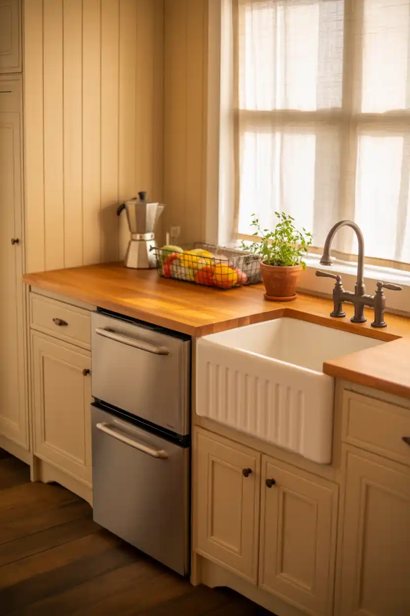 Custom Cabinetry Coffee Nook With Farmhouse Sink and Fridge Drawers