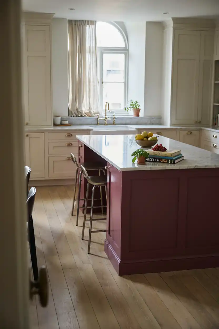 Deep Aubergine Island with a White Marble Countertop