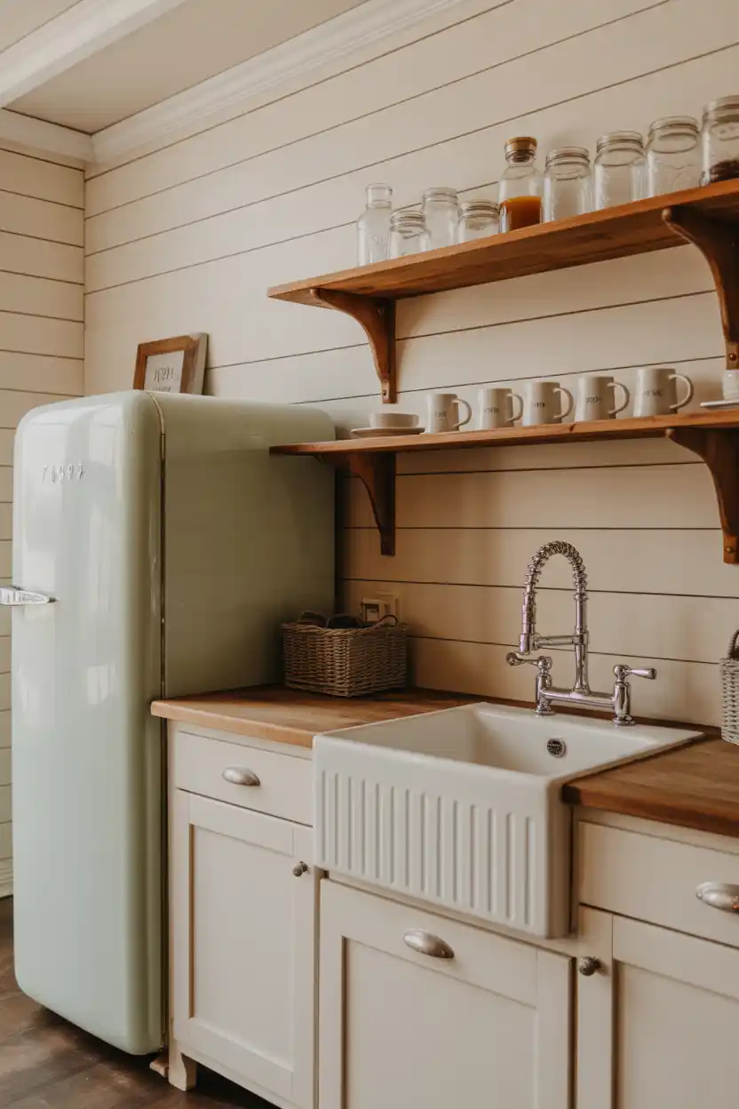 Farmhouse Coffee Bar With Apron Sink and Vintage-Style Fridge