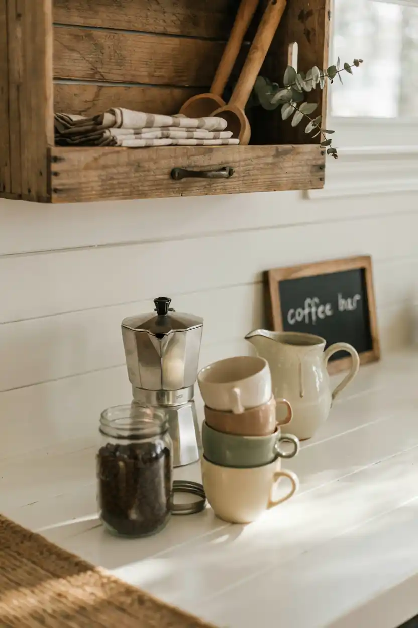 Farmhouse Coffee Station With Wood Crate Storage