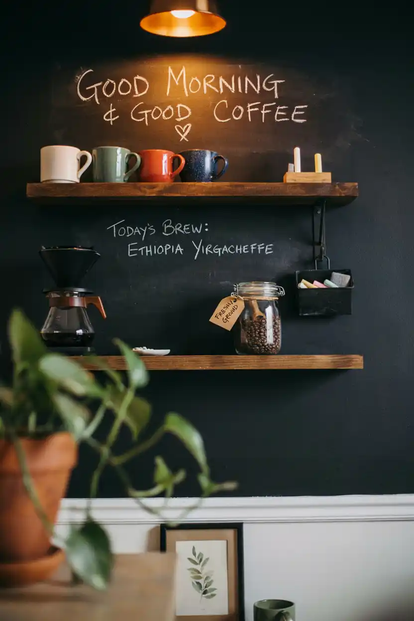 Floating Shelves With Chalkboard Backsplash