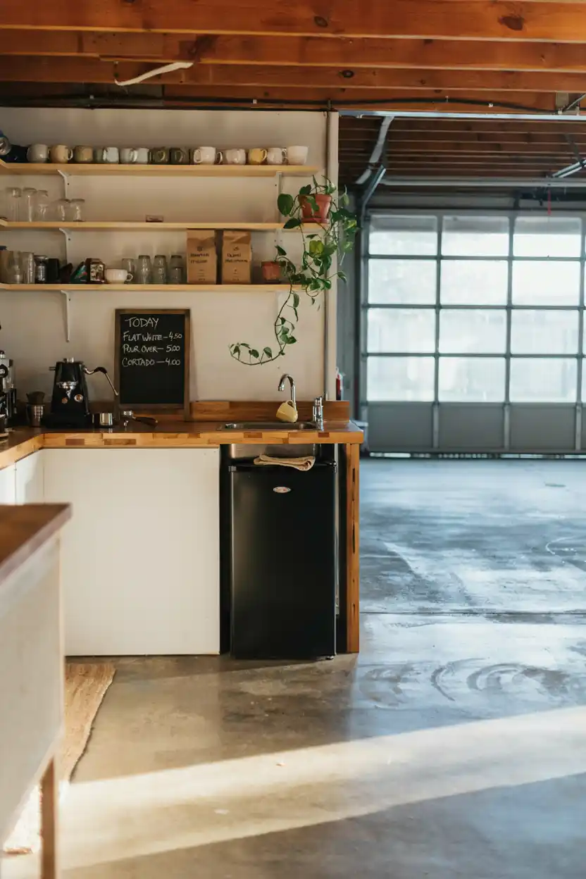 Garage or Guest Suite Coffee Bar With Mini Fridge and Bar Sink