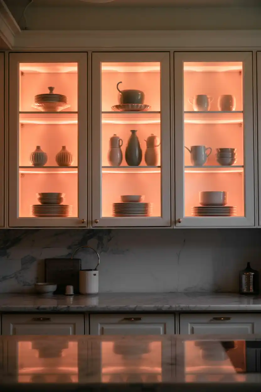Glass-Front Cabinets with Pastel Interior Lighting