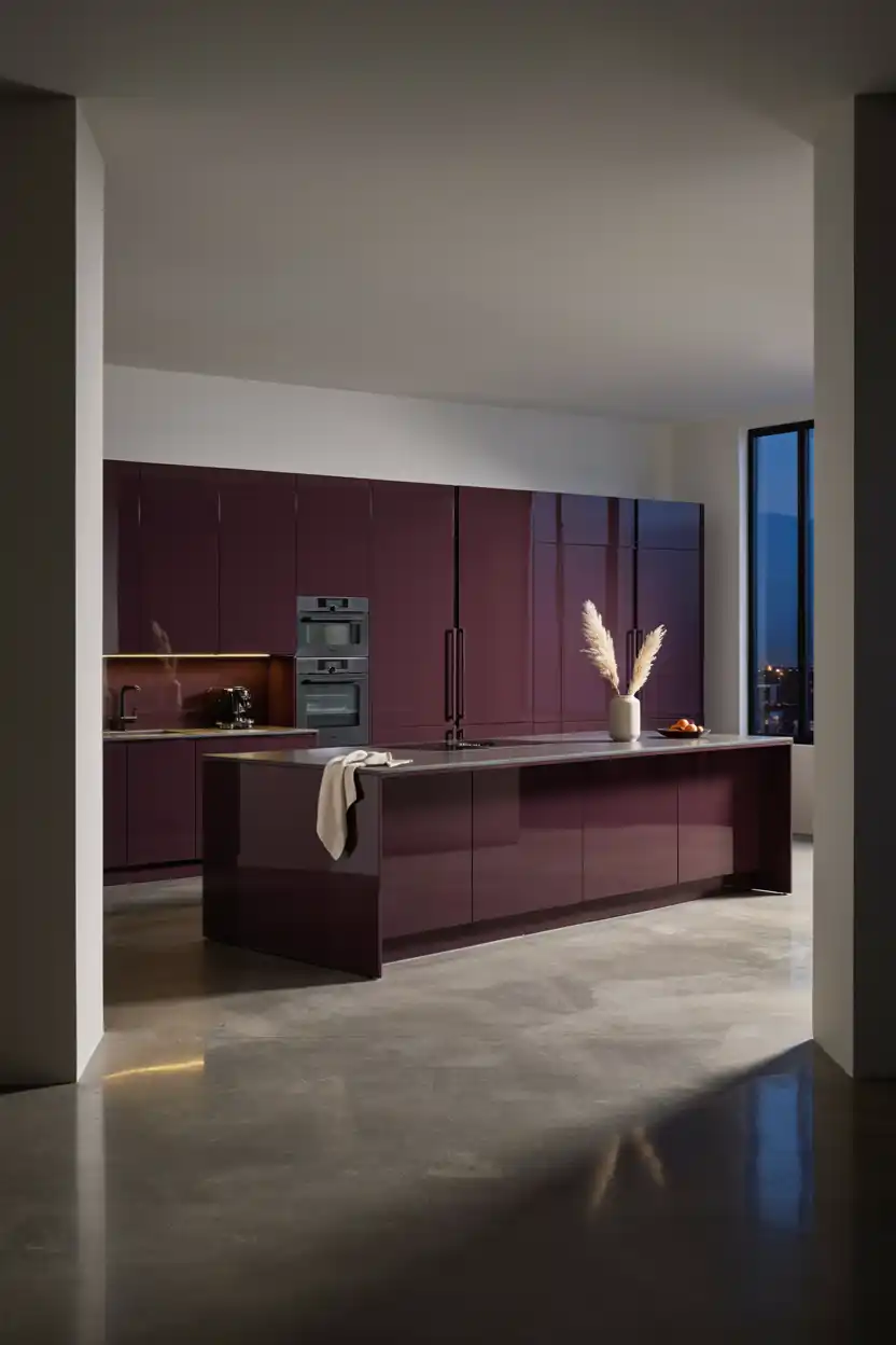 High-Gloss Aubergine Cabinetry for a Modern Kitchen