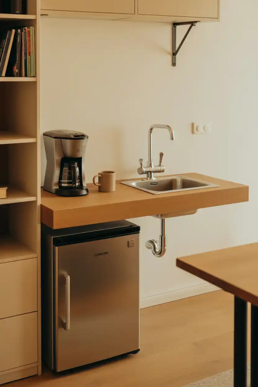 Home Office Coffee Nook With Compact Sink and Under-Counter Fridge
