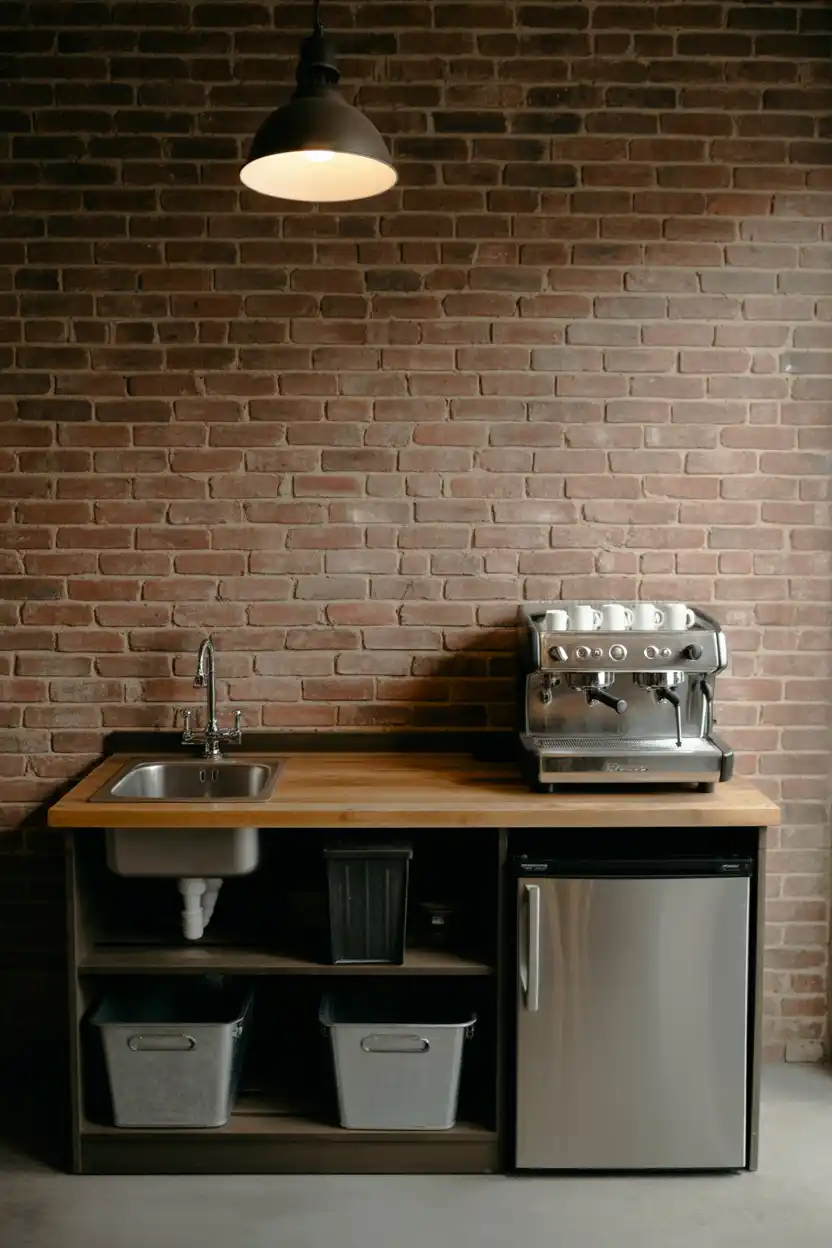 Industrial Loft Coffee Bar With Stainless Sink and Fridge
