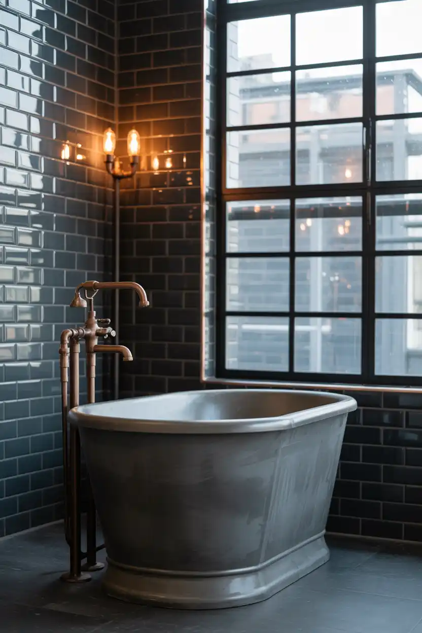Industrial-Style Corner Tub With Exposed Plumbing