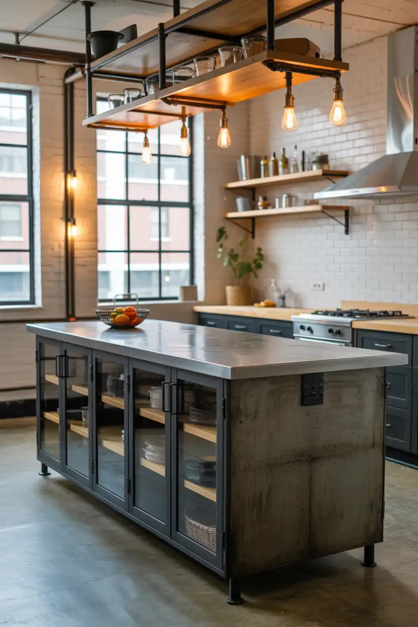 Industrial Style Island with Metal Accents