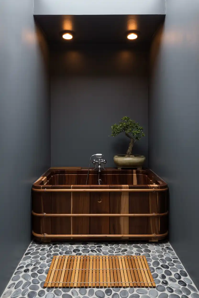 Japanese Soaking Tub in a Compact Corner Nook