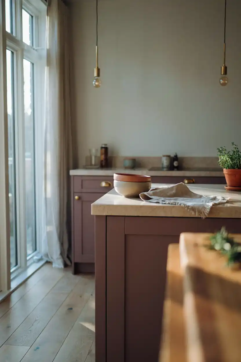 Matte Aubergine Shaker Cabinets with Brass Hardware