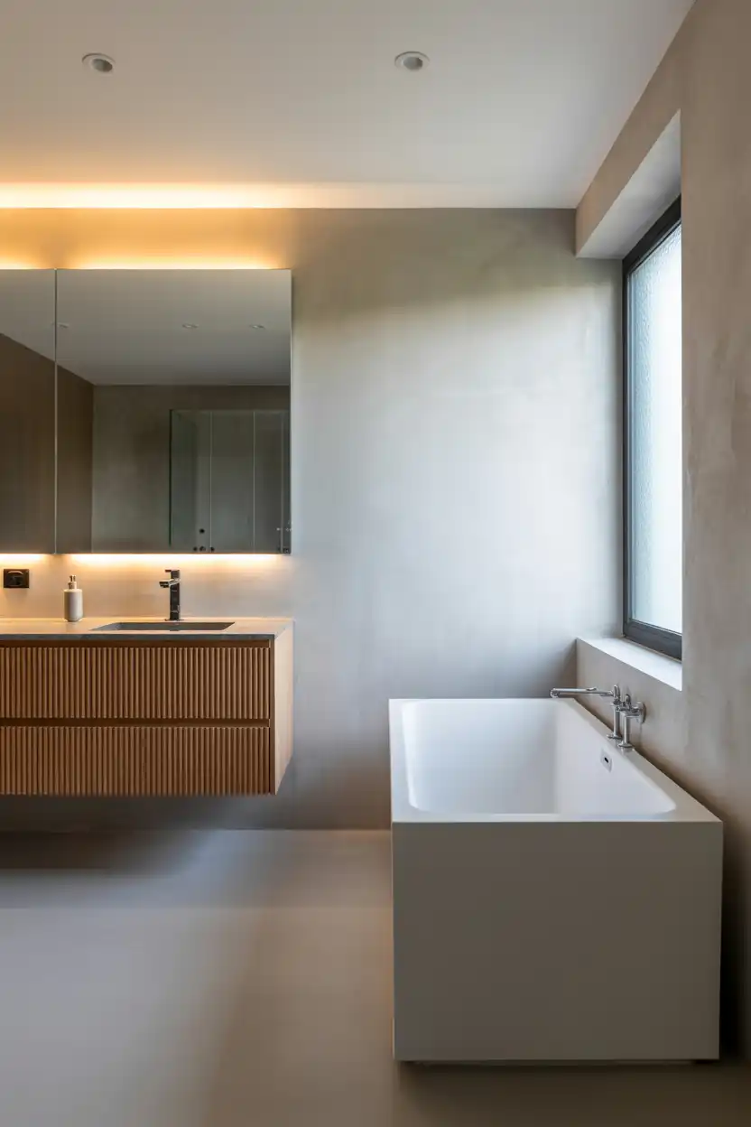 Minimalist Corner Tub With Floating Vanity Nearby