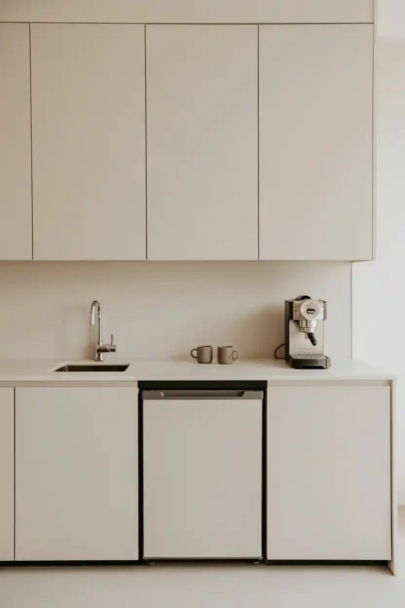 Modern Minimalist Coffee Bar With Integrated Sink and Fridge