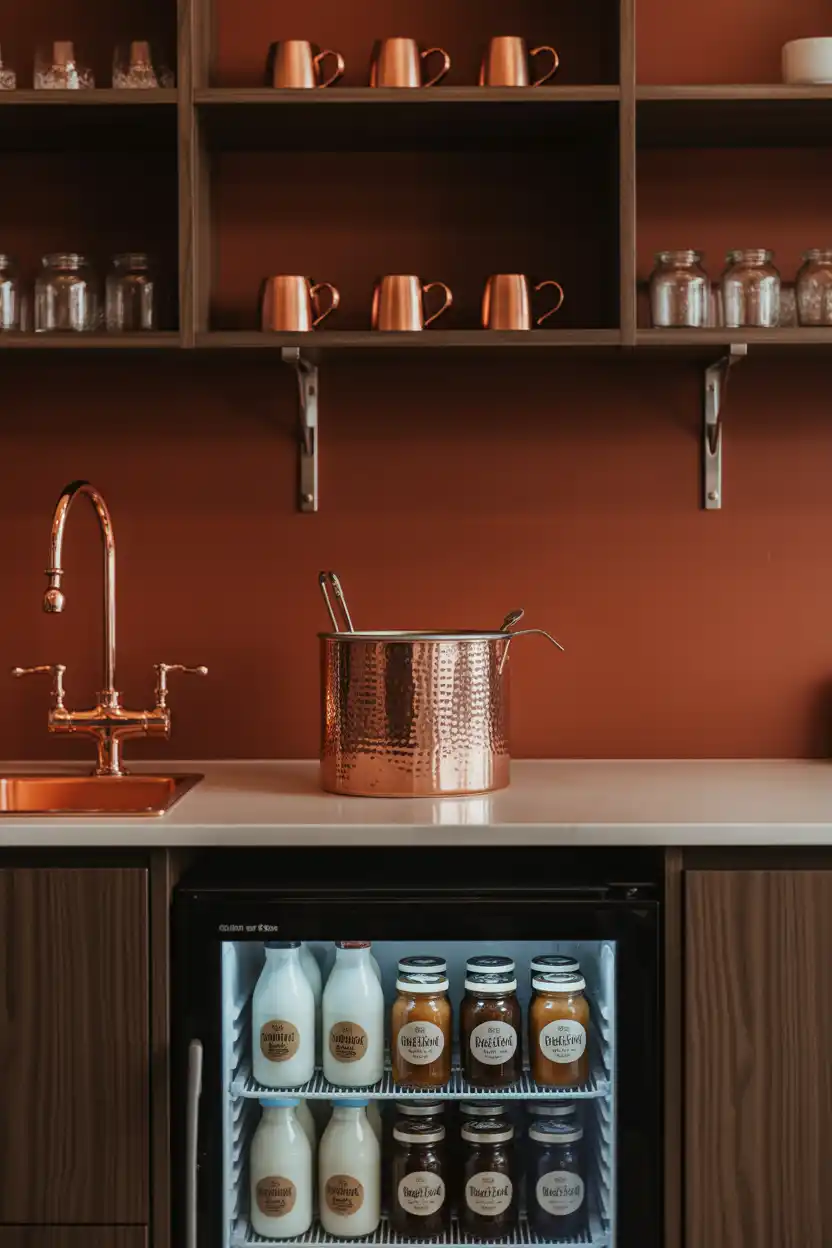 Open Shelving Coffee Bar With Copper Bar Sink and Glass-Front Fridge