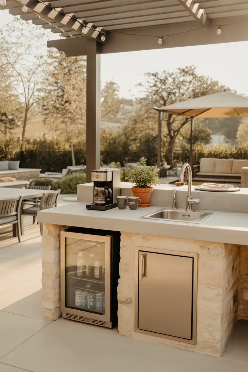 Outdoor Kitchen Coffee Bar With Sink and Mini Fridge