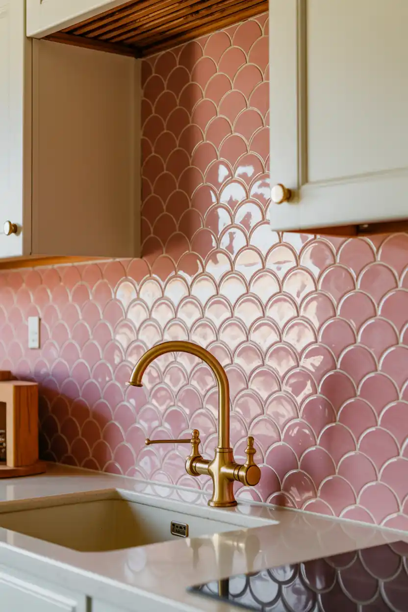 Pink Scalloped or Fish-Scale Tile Backsplash