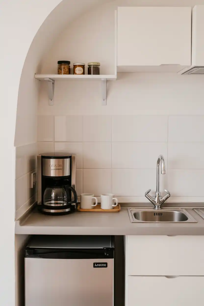 Small Apartment Coffee Corner With Compact Sink and Mini Fridge