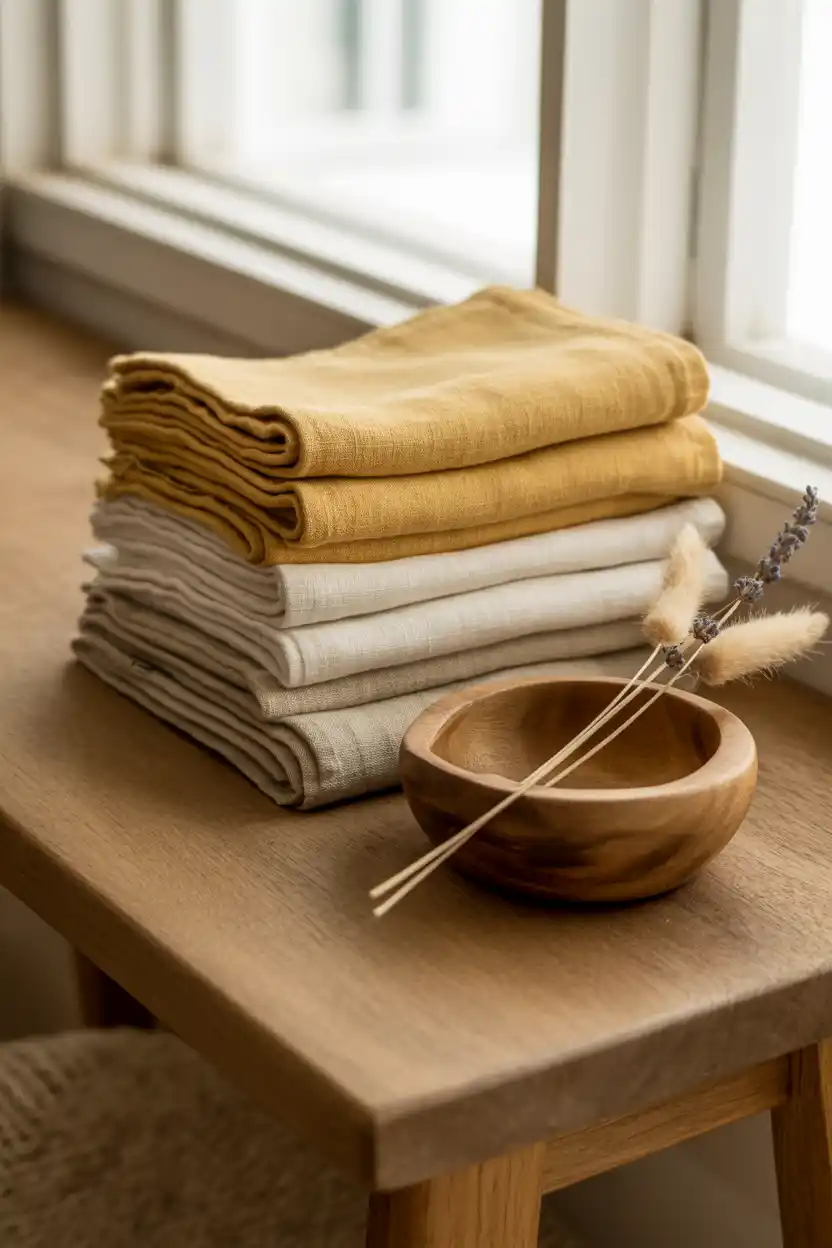 Stack of Linen Napkins with Wooden Bowl
