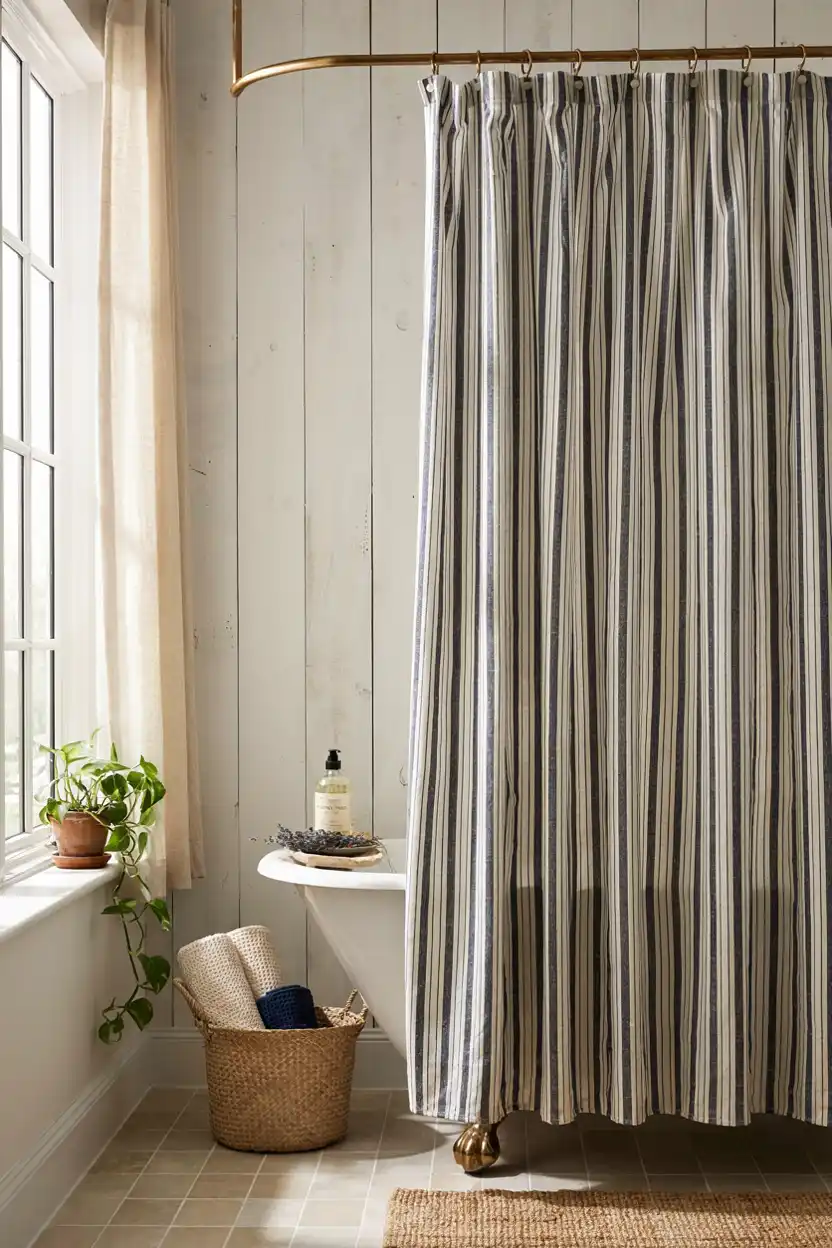 Striped Nautical Curtain for a Coastal Bathroom