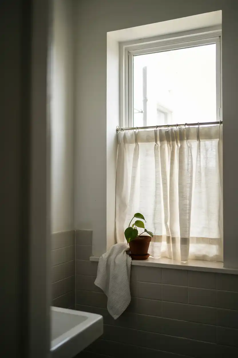 Textured Linen Café Curtain for a Window Above a Tub