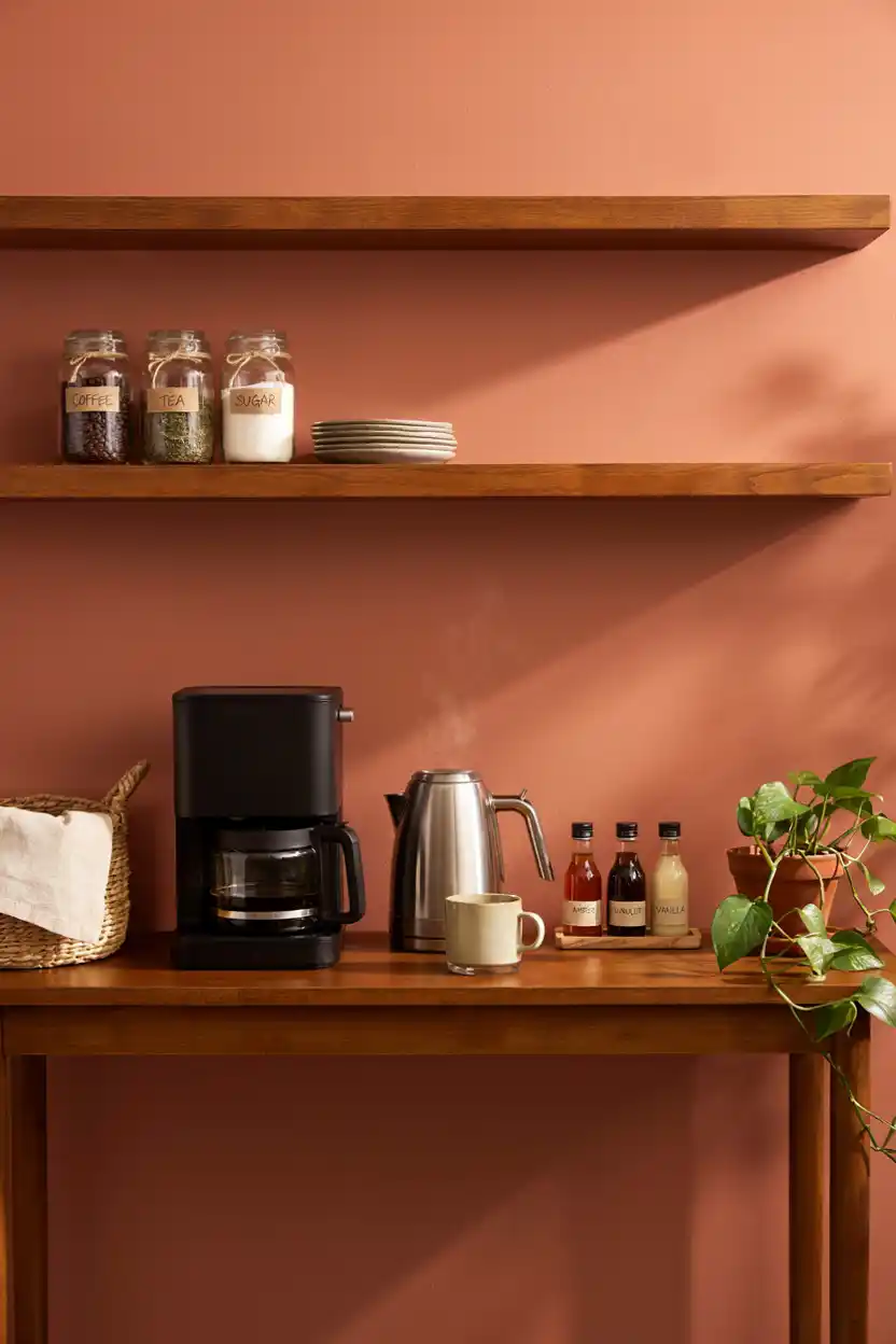 Two-Tier Floating Shelf With Coffee Station Below