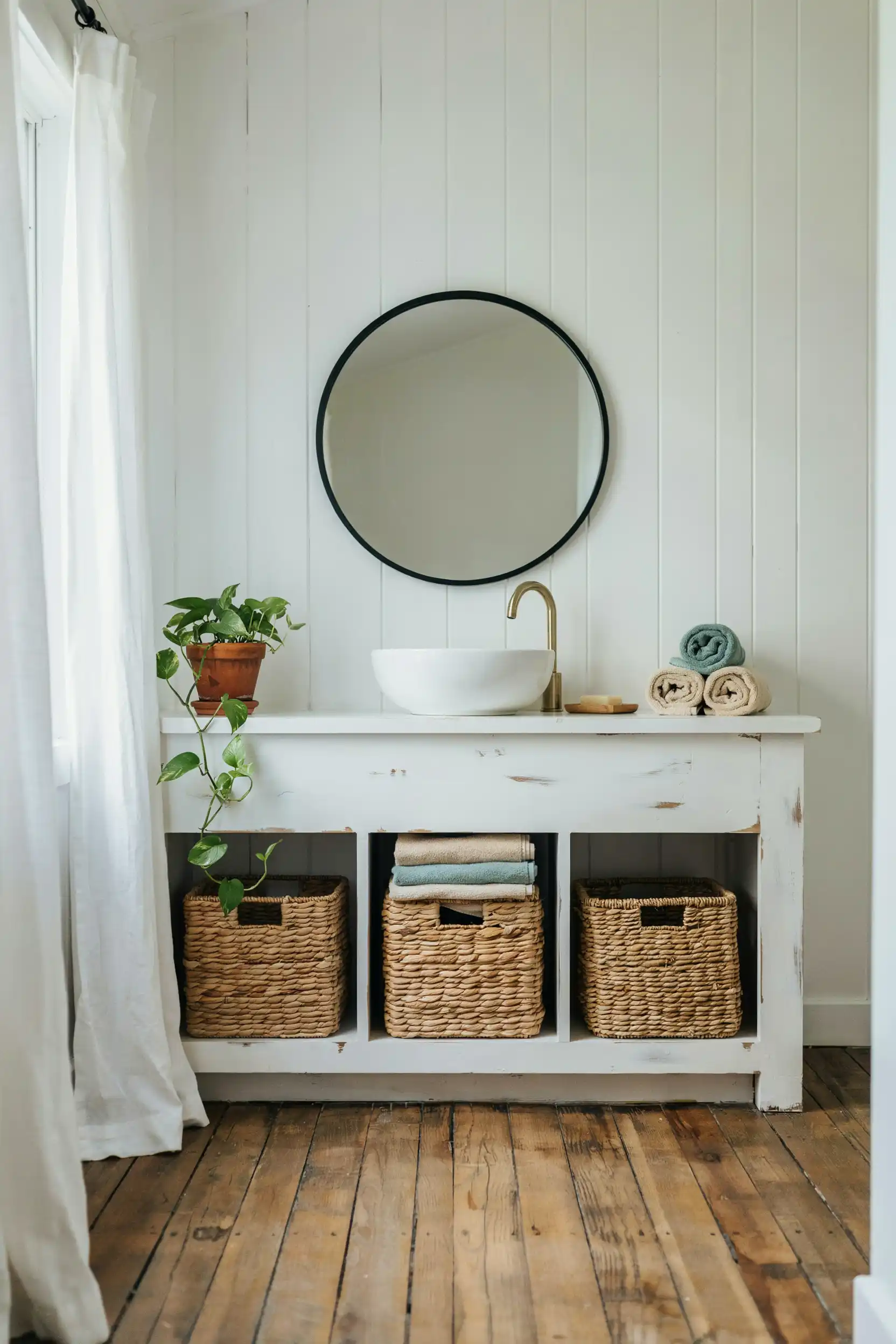 anity with Open Wicker Basket Storage