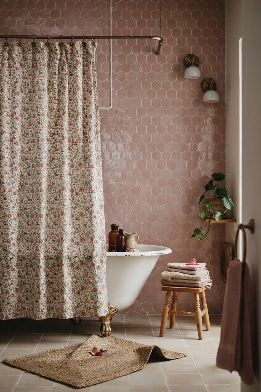 Vintage Floral Curtain for a Grandmillennial Bathroom