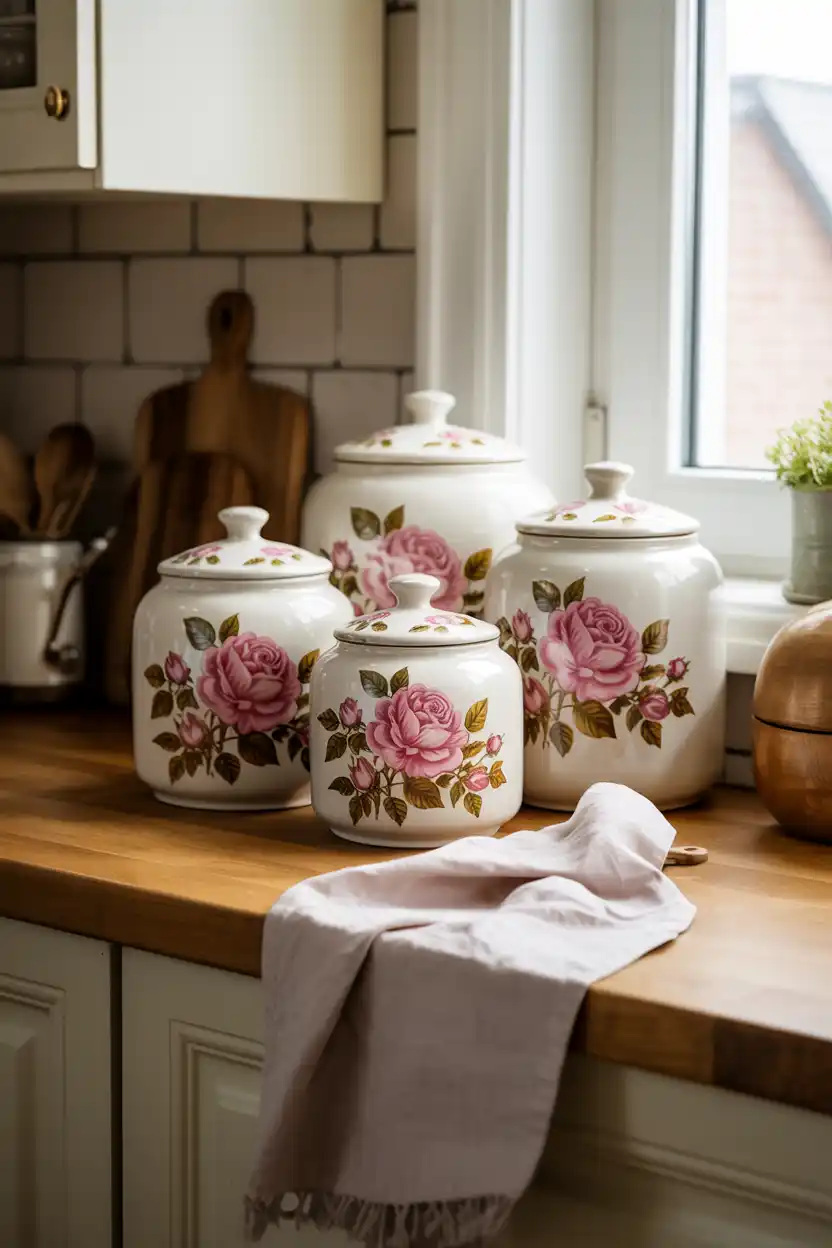 Vintage Rose Canister and Jar Display