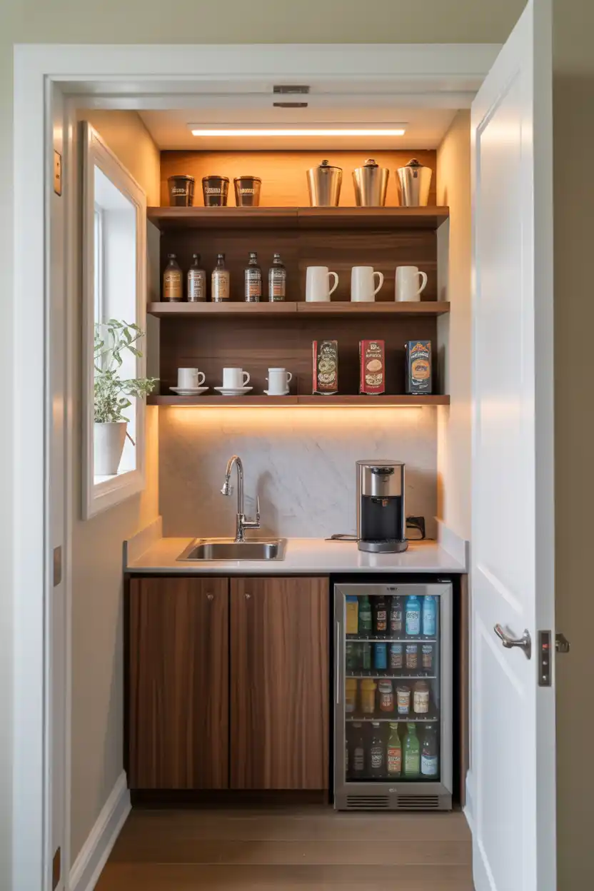 Walk-In Pantry Coffee Bar With Sink and Beverage Fridge